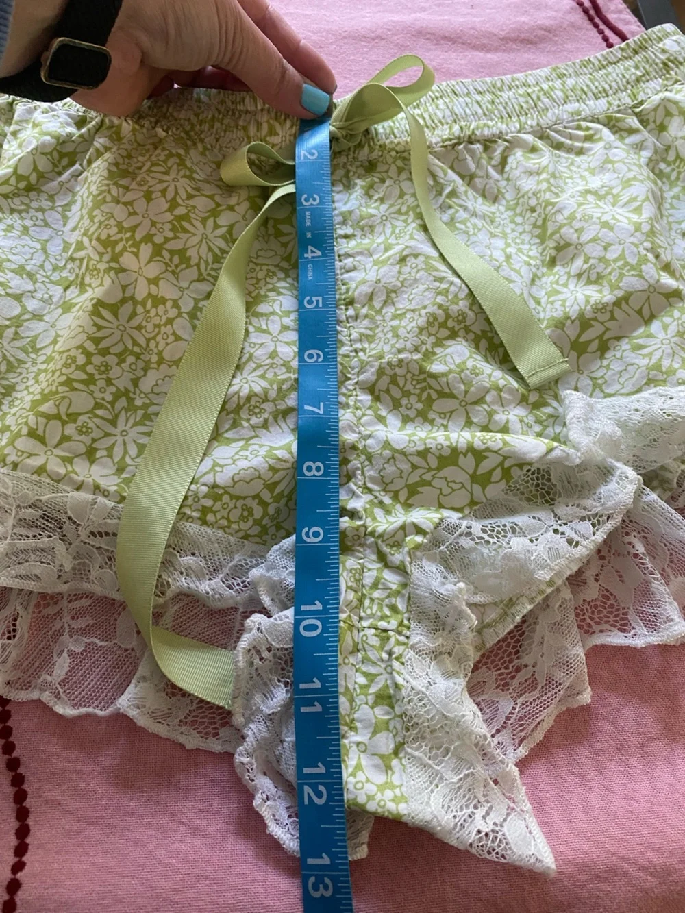 Anthropologie Green White Floral Print Lace Trim Pajama Shorts Small